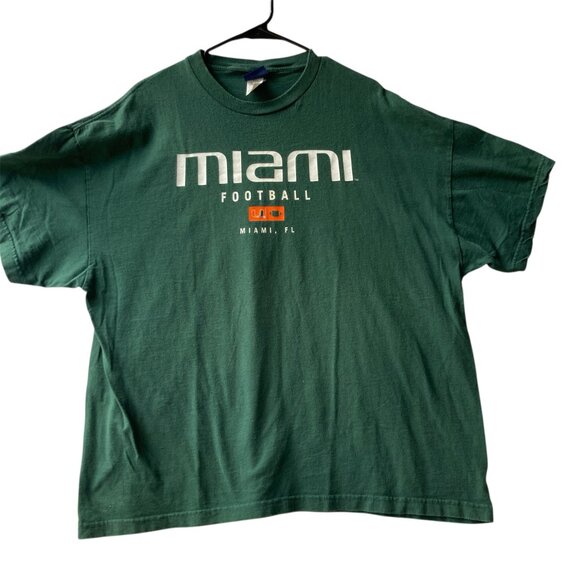 Vintage UM University of Miami Football T Shirt Mens Size XL Green Orange Cotton - Picture 1 of 10